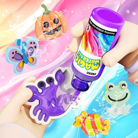 Hands using Water Gel Elf Kit For Kids With 12 Color Magic Gels And 12 Shape Molds DIY STEM Aqua Kit to fill purple crab mold.