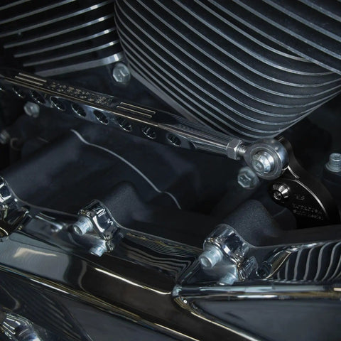 Close-up of Neutral Gear Assist EZ Shifter Kit for Harley M8 Bikes 2018 and later, aluminum build with titanium screws.