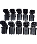 Awesome 10-Piece Two-Way Weather Pack Male And Female Connector Harness Kit For Super Stable Wiring With High Reliability And Easy Install No Docs Needed Just Snap It In And Go. black plastic 2-pin weatherproof connectors, front view