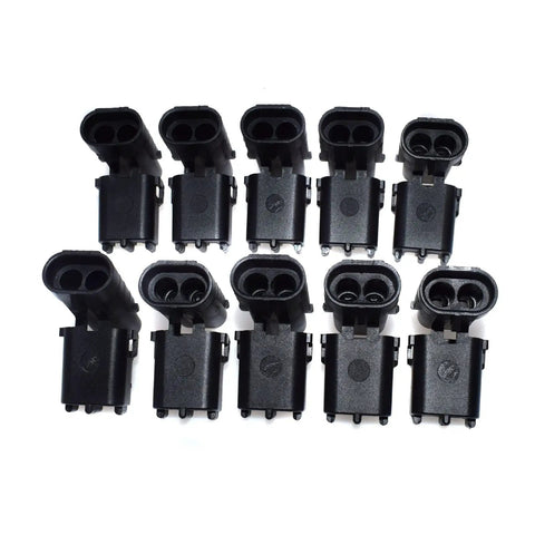 Awesome 10-Piece Two-Way Weather Pack Male And Female Connector Harness Kit For Super Stable Wiring With High Reliability And Easy Install No Docs Needed Just Snap It In And Go. black plastic 2-pin weatherproof connectors, front view