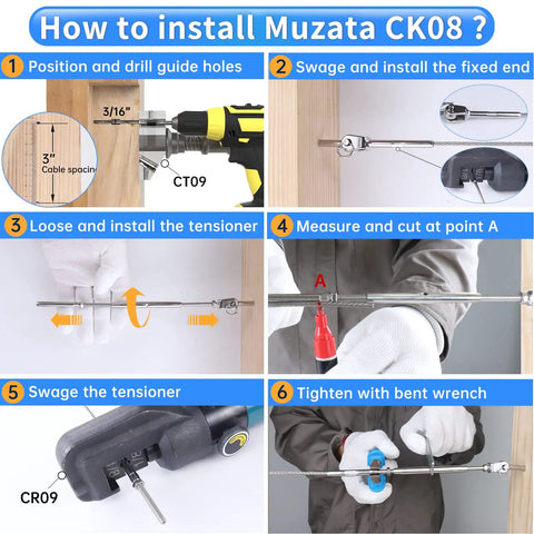 How to install Cable Railing Kit For Wood Posts With One Eighth Inch Wire Rope Swage Toggle Turnbuckle Hardware in T316 Stainless Steel