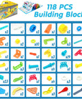 Box and instructions of Six In One Stem Building Toys For Kids Aged Four To Eight With 118 Colorful Pieces on display.