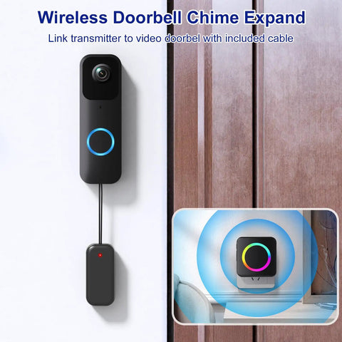 Wireless Doorbell Chime Extender Kit For Video Doorbell Systems on wall with glowing chime alert, easy setup, black finish.