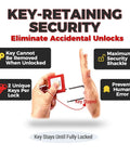 Key-retaining security features of Hard Hat Approved 50 Piece Lockout Tagout Kit with unique keys and safety shackle.
