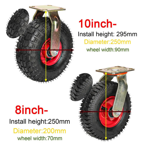 Heavy Duty Pneumatic Caster Wheels With Tubeless Natural Rubber Tires in 10-inch and 8-inch sizes, showing mount details.