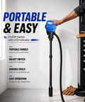 Heavy Duty Electric Drum Pump Fits 55 Gallon Barrels And Ibc Tanks With 120 Volt AC And 12 Volt DC Power Plug, featuring on/off switch with LED.