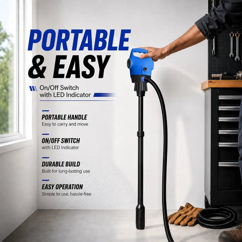 Heavy Duty Electric Drum Pump Fits 55 Gallon Barrels And Ibc Tanks With 120 Volt AC And 12 Volt DC Power Plug, featuring on/off switch with LED.