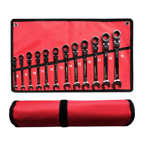 Ratchet Spanner Set With Socket Tool Kit, 5 7 12 Piece Hand Tools For Cars displayed in red fabric case