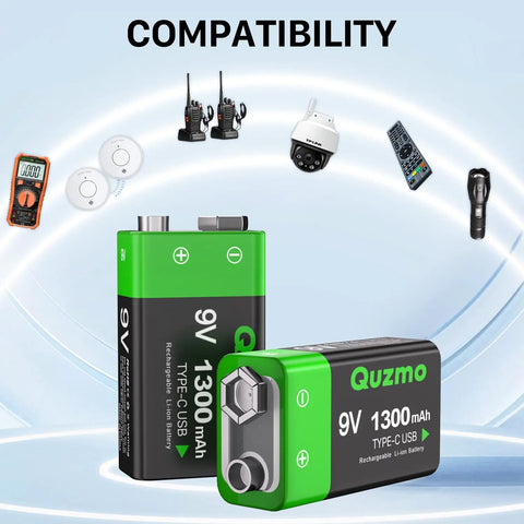 4 Pack Rechargeable 9V Batteries Featuring 1300mAh Lithium Ion Juice And Usb C Built In Port With Led Charging Lights For Trouble Free Top Ups That Keep Smoke Alarms Running Smooth Daily, showing compatibility with various devices.