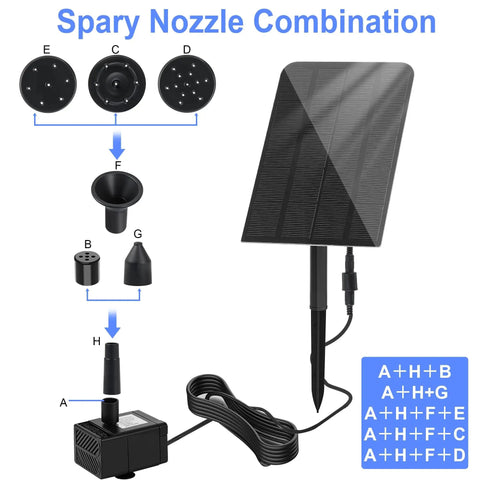 Solar Water Fountain Kit For Bird Bath With Separated Solar Panel 5 Nozzles 9.54ft Cable Pump 2.5W 5V components diagram
