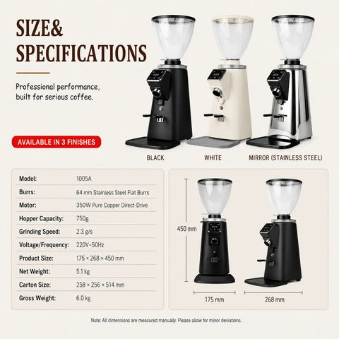 No Nonsense Electric Coffee Bean Grinder With Quick Timer Dial Crisp Led Display Silver Frame Spacious Hopper And Razor Sharp Burrs in black, white, and stainless steel finishes.
