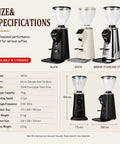 Kickass Sixty Four Millimeter Flat Burr Electric Coffee Grinder With Adjustable Portafilter Stand And Massive Seven Hundred Fifty Gram Hopper, shown in black, white, and stainless steel finishes.
