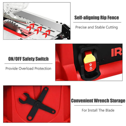 10 Inch Table Saw Electric Cutting Machine features rip fence, safety switch, and wrench storage for precise cuts and safety