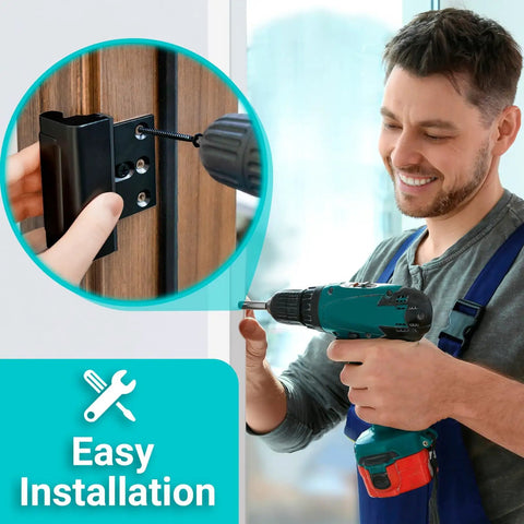 Man installing Heavy Duty Home Security Door Reinforcement Lock For Front Door Kid Safe And Kickproof Withstanding 800 Lbs Of Force Metal Deadbolt
