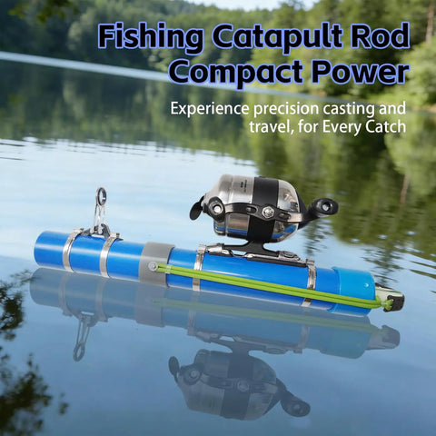 Upgraded Portable Fishing Catapult Rod With Reel For Saltwater And Freshwater resting on lake water surface