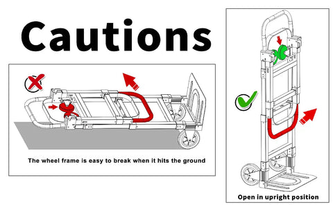 Caution instructions for folding 3-in-1 Aluminum Hand Truck Dolly With 600 Lb Capacity, showing correct and incorrect usage.