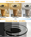 Sleek Modern Black Spiral Ceiling Light Round Flush Mount LED Fixture With Remote Control Dimmable Energy Saving 47W 17 Inch Circle showing warm, natural, and cool white lighting options.