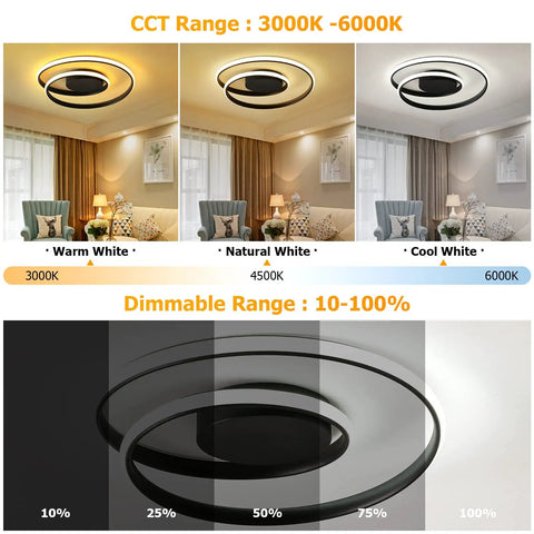 Sleek Modern Black Spiral Ceiling Light Round Flush Mount LED Fixture With Remote Control Dimmable Energy Saving 47W 17 Inch Circle showing warm, natural, and cool white lighting options.