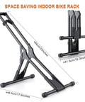 Freestanding Bike Floor Stand For Garage And Home Indoor Bicycle Rack That Fits 20 To 29 Inch Mountain And Road Bikes No Sweat Easy Setup Lightweight Portable Storage Solution, side view with dimensions