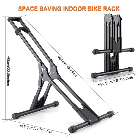 Freestanding Bike Floor Stand For Garage And Home Indoor Bicycle Rack That Fits 20 To 29 Inch Mountain And Road Bikes No Sweat Easy Setup Lightweight Portable Storage Solution, side view with dimensions