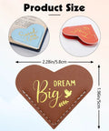 Fourteen Genuine Leather Heart Bookmarks With Uplifting Bible Verses displayed showing sizes and designs on the bookmarks.