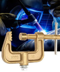 Hot Shot Brass Ground Welding Earth Clamp Heavy Duty 500A G Type for Stick MIG TIG Welder Machine in action.