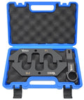 Three Piece Camshaft Alignment Tool And Crankshaft Positioning Tool Kit For Ford F150 Mustang 5 0 Coyote V8 Engine 2010 To 2017 Gen 1 And Gen 2 Great For DIY Fixes And Pro Engine Rebuilds displayed in blue carrying case