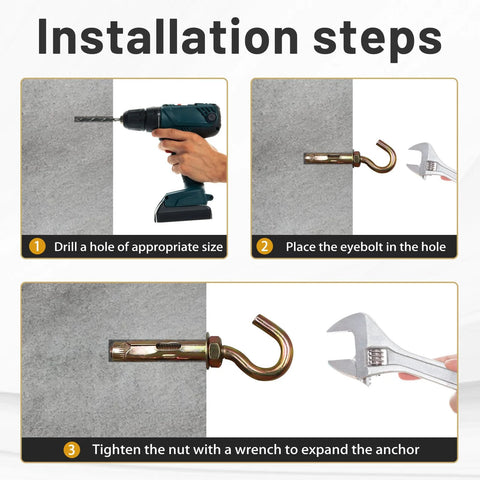 Installation steps for Concrete Wall Hooks Set Of Four With Expansion Anchor And Eye Bolt Heavy Duty Open Cup Hooks