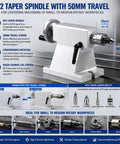 Rock Solid MT2 Lathe Tailstock Featuring 50mm Telescopic Travel And Detachable Rotary Live Center with 50mm travel stroke.
