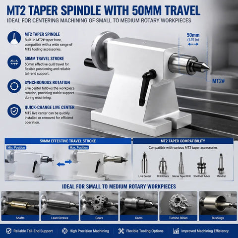 Rock Solid MT2 Lathe Tailstock Featuring 50mm Telescopic Travel And Detachable Rotary Live Center with 50mm travel stroke.