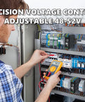Beefy 48V DIN Rail Power Supply Pumping 120W Regulated Output With Adjustable 48 To 52V Range And Crisp Led Readout Mated With 12 Port Dc Distribution Kit in use, showing a technician measuring voltage.