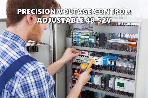 Beefy 48V DIN Rail Power Supply Pumping 120W Regulated Output With Adjustable 48 To 52V Range And Crisp Led Readout Mated With 12 Port Dc Distribution Kit in use, showing a technician measuring voltage.