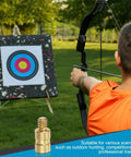 Archer aiming at target with bow, 25 Grain Brass Screw In Arrow Insert Weight For Carbon Arrows visible in foreground