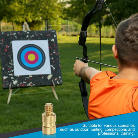 Archer aiming at target with bow, 25 Grain Brass Screw In Arrow Insert Weight For Carbon Arrows visible in foreground