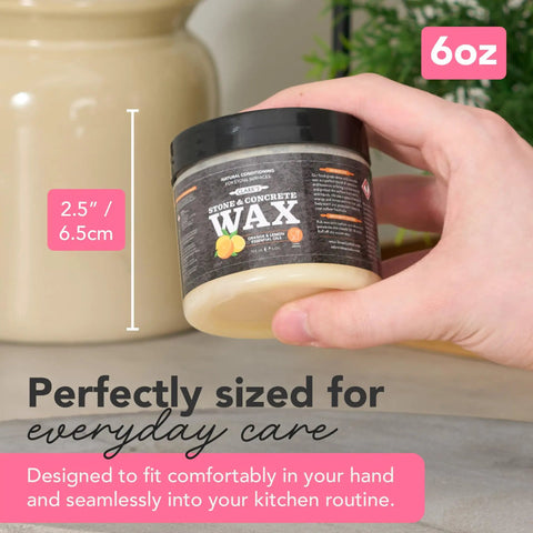 Soapstone and Concrete Countertop Wax 6 oz Orange Lemon Scent with Carnauba and Beeswax That Builds a Non Greasy Protective Barrier Against Stains and Spills on Stone Slate Concrete and Butcher Block Surfaces, held in hand