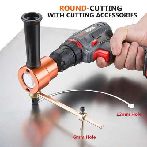 Heavy Duty Dope Double Headed Sheet Metal Nibbler For Straight Curve And Circle Cutting Drill Attachment demo on metal