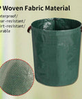 Reusable leaf bag made of waterproof, wear-resistant, and durable green PP woven fabric material with handles.
