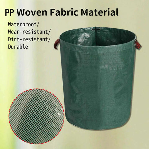 Reusable leaf bag made of waterproof, wear-resistant, and durable green PP woven fabric material with handles.
