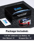 7.4V 50C 2S 2200mAh Shorty Lipo Battery 7.4V 50C With T Connector Soft Pack bundle with box and manual on table