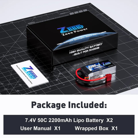 7.4V 50C 2S 2200mAh Shorty Lipo Battery 7.4V 50C With T Connector Soft Pack bundle with box and manual on table