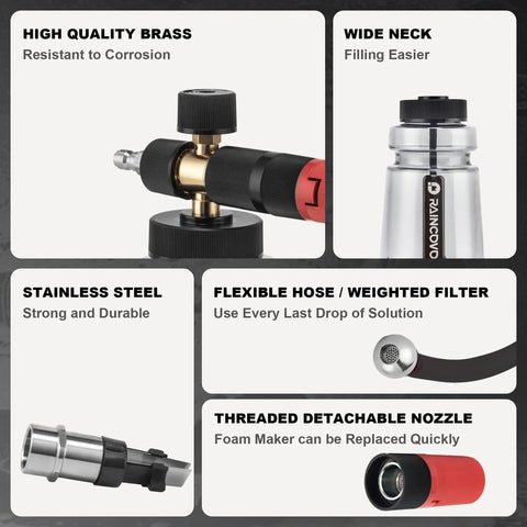 Wide Mouth Foam Cannon For Pressure Washer with Thick Snow Foam, adjustable nozzle, stainless steel and brass components