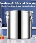 Heavy Duty 304 Stainless Steel Airtight Pantry Canister secures bulk hauls, shown as a sealed storage bucket in a kitchen.