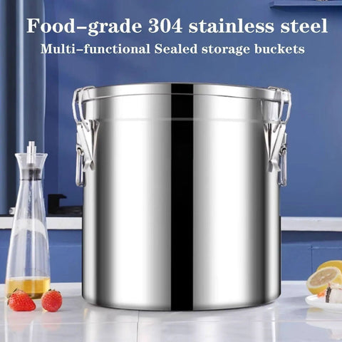 Heavy Duty 304 Stainless Steel Airtight Pantry Canister secures bulk hauls, shown as a sealed storage bucket in a kitchen.