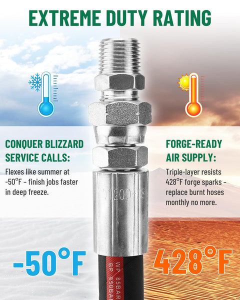 Heavy Duty Air Compressor Jumper Hose Kit With Sixty Inch Length And Half Inch NPT Swivel Ends, rated to -50°F and 428°F