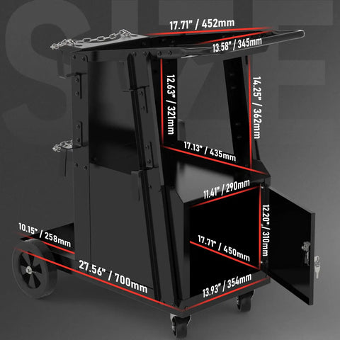 Heavy Duty Welding Cart With Large Lockable Cabinet For MIG TIG Stick Welders And Plasma Cutters, side view with dimensions.