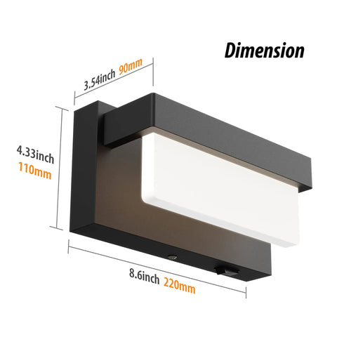 Modern Sleek Black Wall Sconce With On Off Switch 8 Inch LED Wall Lamp Acrylic White Lampshade 4000K Daylight Glow Dimensions