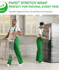 Two movers using Heavy Duty 80 Gauge Plastic Stretch Wrap Roll 18 X 1500 Feet for wrapping furniture and refrigerator.