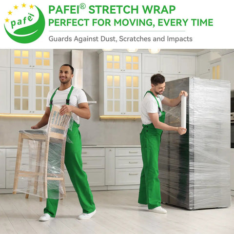 Two movers using Heavy Duty 80 Gauge Plastic Stretch Wrap Roll 18 X 1500 Feet for wrapping furniture and refrigerator.