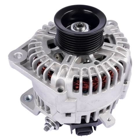 130A 110A High Output Alternator Replacement For Infiniti QX56 2008-2010 And Nissan Armada 2007-2015, Plus Frontier NV Series, Pathfinder, Suzuki Equator V6 4.0L And V8 5.6L, Compatible With 11256 2650538 OEM Numbers - front view of silver and black alternator.