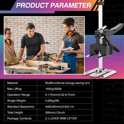 BOTUDA 12in labor-saving arm jack lifter (2-pack) for furniture, cabinets, doors; 360 lb capacity, metal frame.